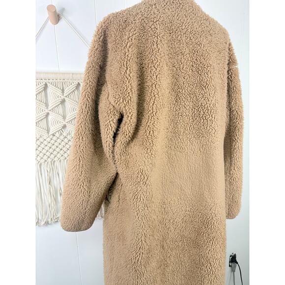 Uniqlo Tan Teddy Coat Womens Small Longline Fleece Sherpa Jacket No Collar - Picture 12 of 13